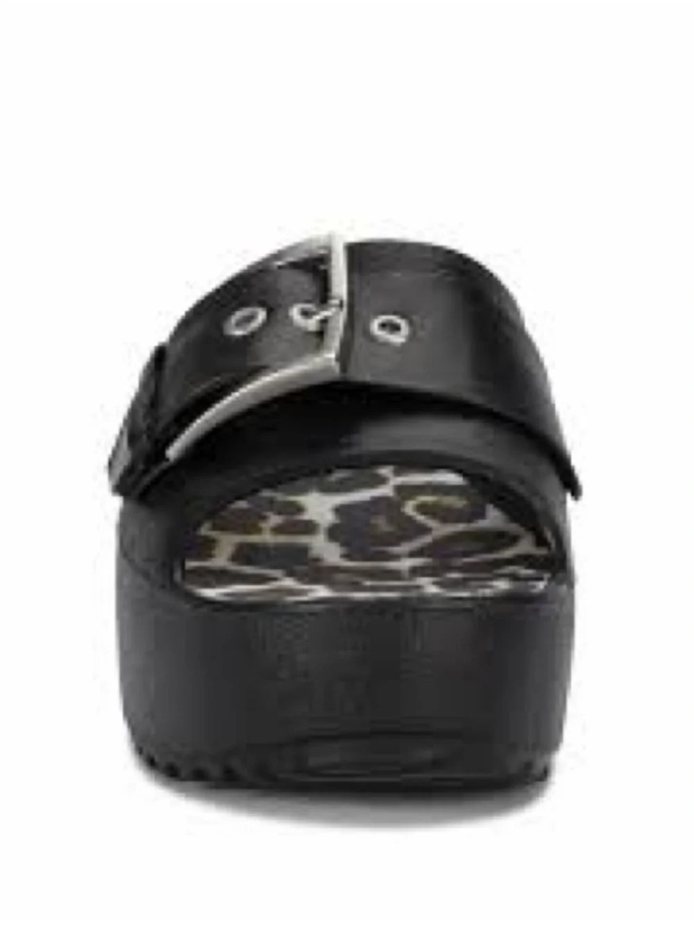 Baretraps Pacey Black Platform Slide Sandals Leopard Buckle Women’s NWOT